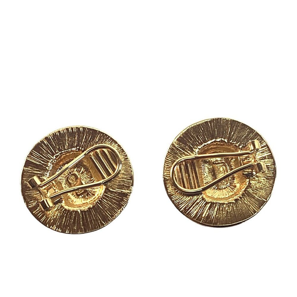 Vintage Signed Liz Claiborne Clip Earrings Gold Tone Enamel Logo Crown Shield - Picture 5 of 7